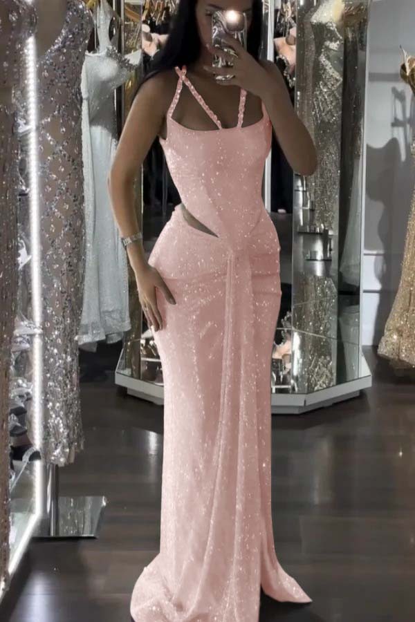 Straps Sleeveless Long Mermaid Prom Dress With Sequins Pleated