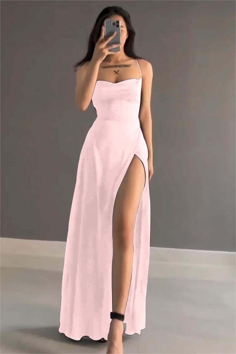 Simple Black Stain Spaghetti Strap Sleeveless Long Prom Dress With Split