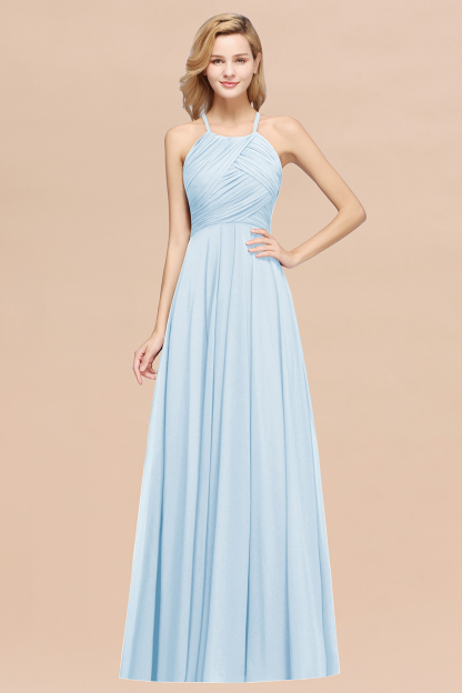 BMbridal Halter Crisscross Pleated Bridesmaid Dress Blue Chiffon Sleeveless Maid of Honor Dress-BMbridal
