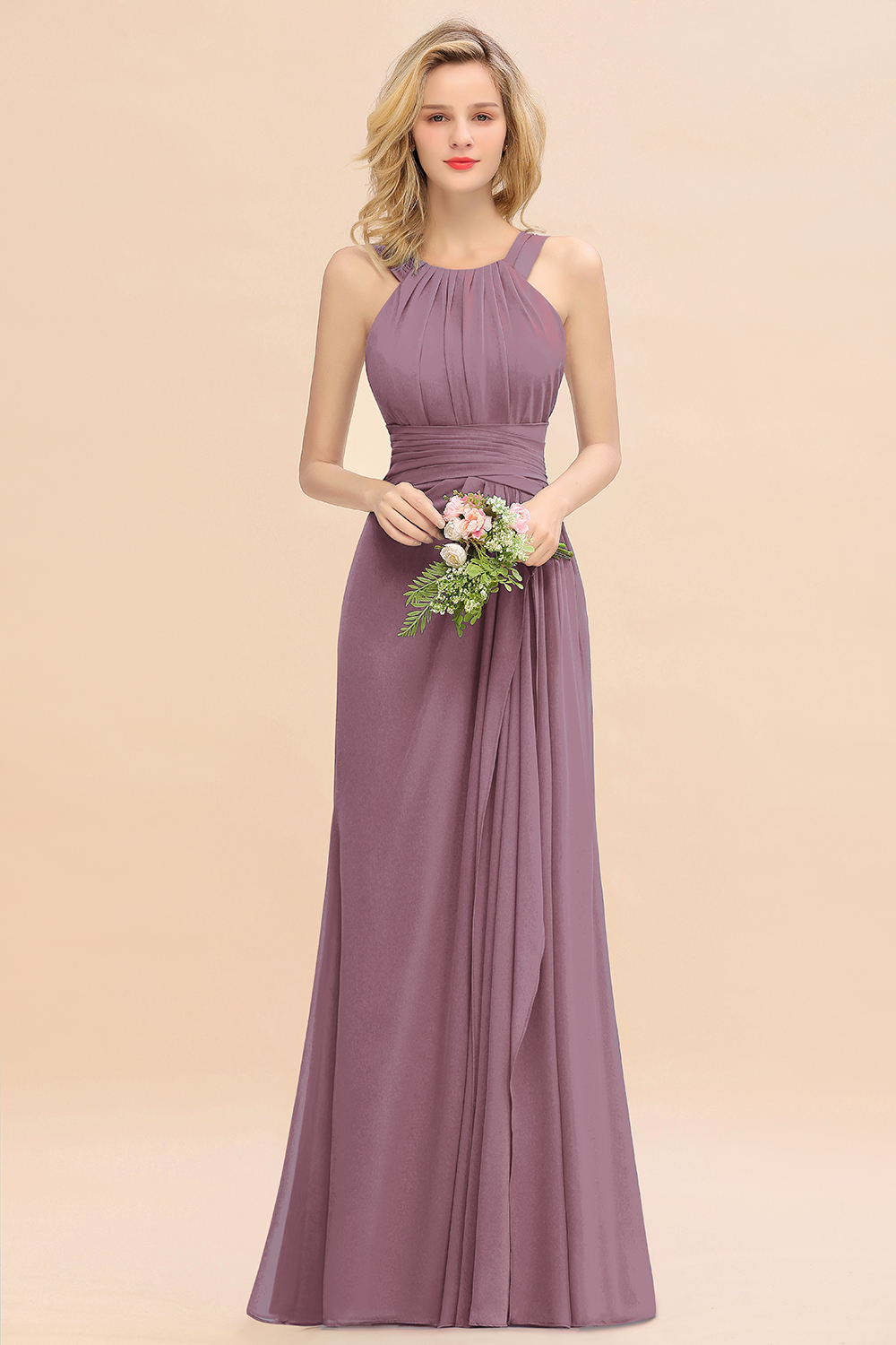 BMbridal Elegant Round Neck Sleeveless Bridesmaid Dress with Ruffles-BMbridal