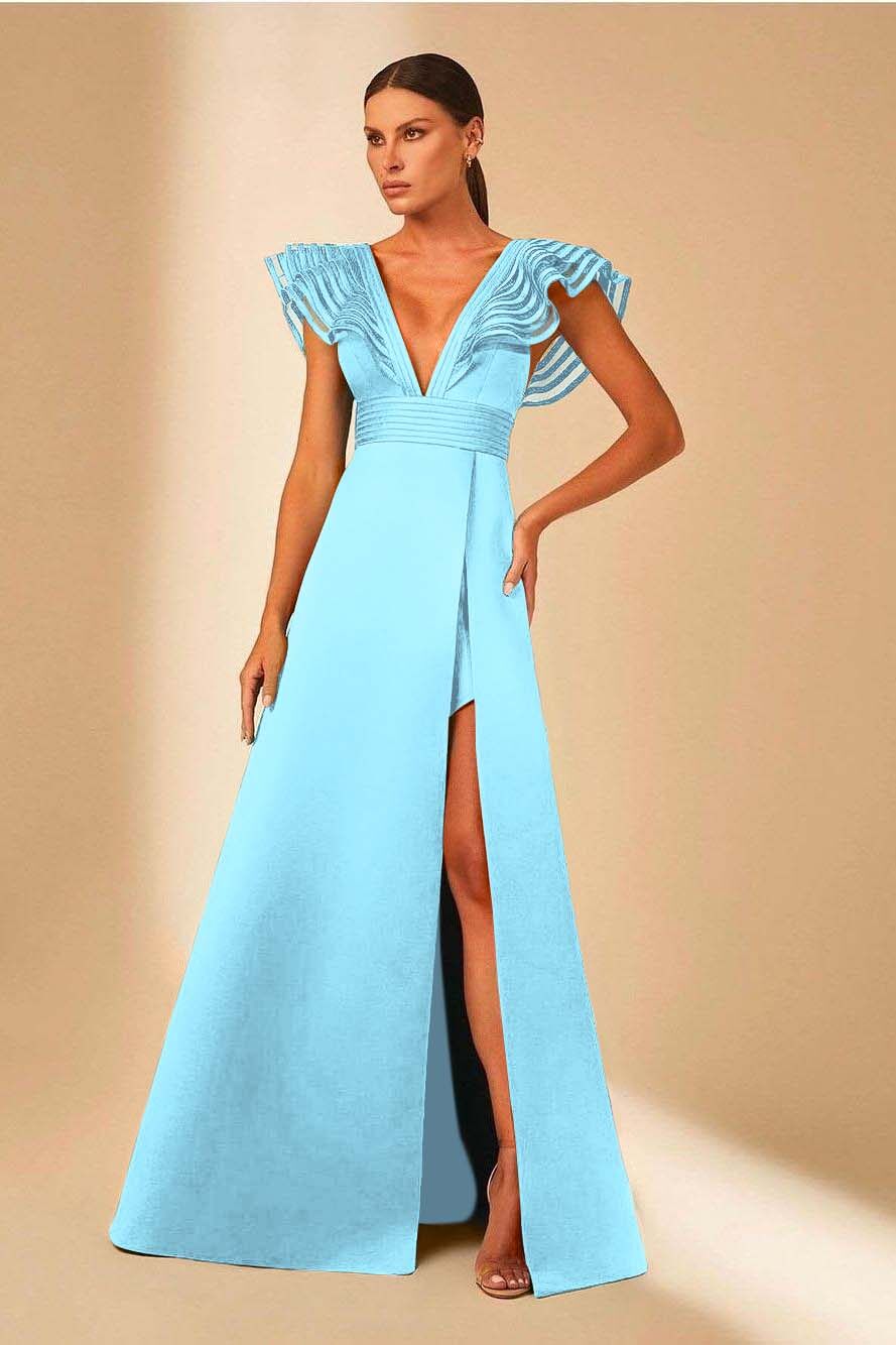 Deep V Neck Sleeveless A Line Long Prom Dress With Front Split