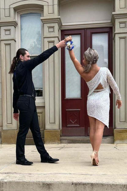 Sparkly Sky Blue One Shoulder One Sleeve Tight Homecoming Dress with Fringes-BMbridal.UK