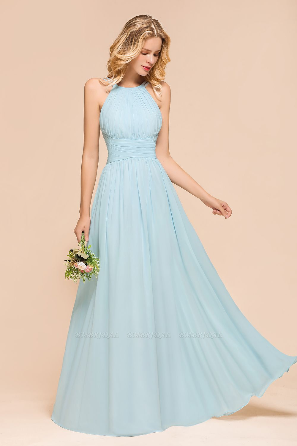 BMbridal Gorgeous Halter Ruffle Sky Blue Affordable Bridesmaid Dress-BMbridal
