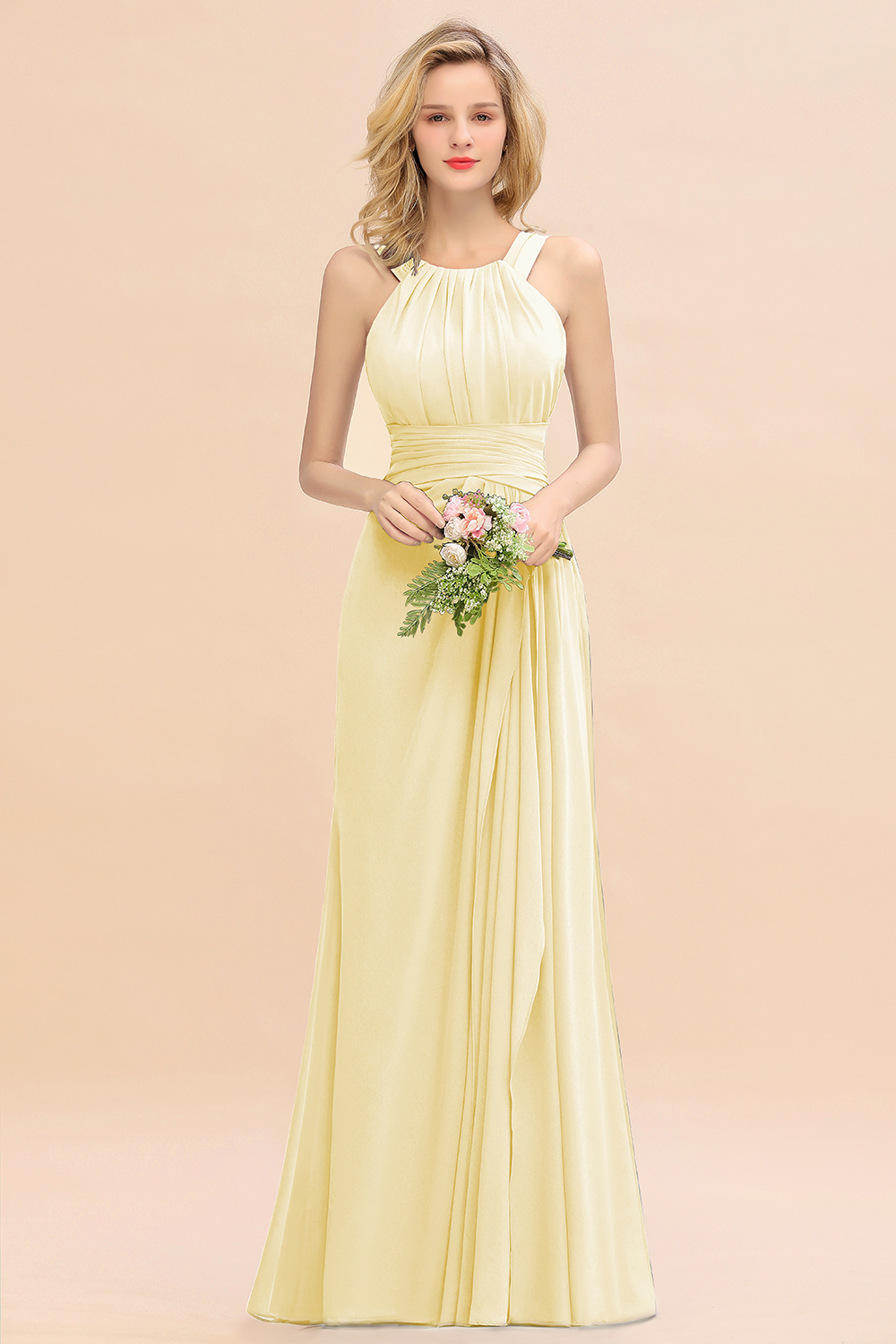 BMbridal Elegant Round Neck Sleeveless Bridesmaid Dress with Ruffles-BMbridal