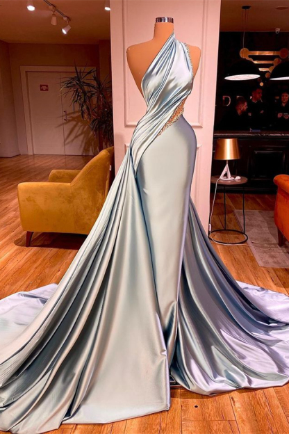 Chic Sleeveless Long Beadings Mermaid Prom Dress One Shoulder With Ruffles