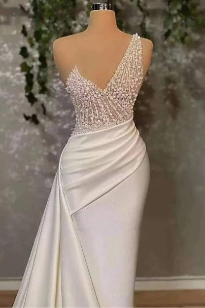 Ivory Elegant One Shoulder Sleeveless Prom Dress Mermaid Appliques With Ruffles