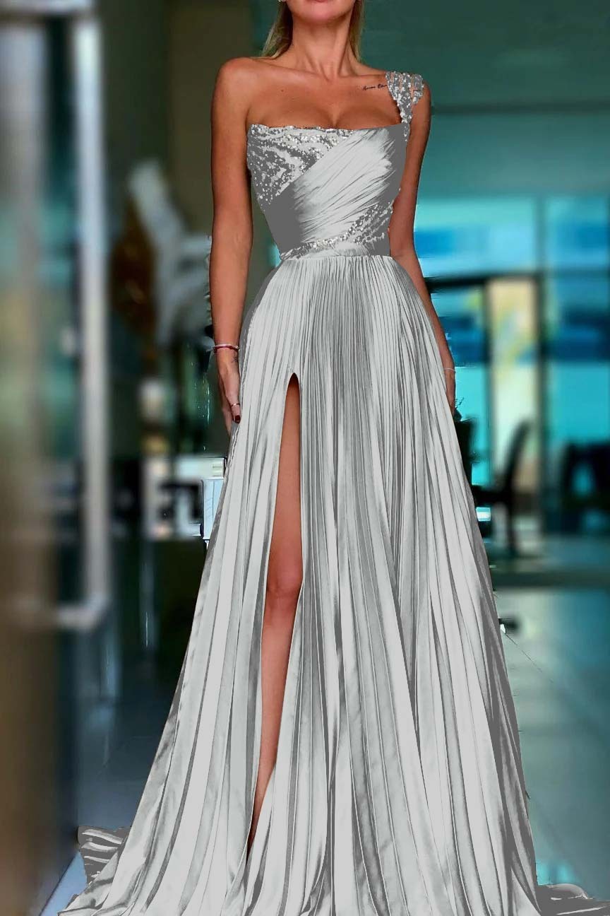 One Shoulder Sleeveless Long Prom Dress With High Split Sequins