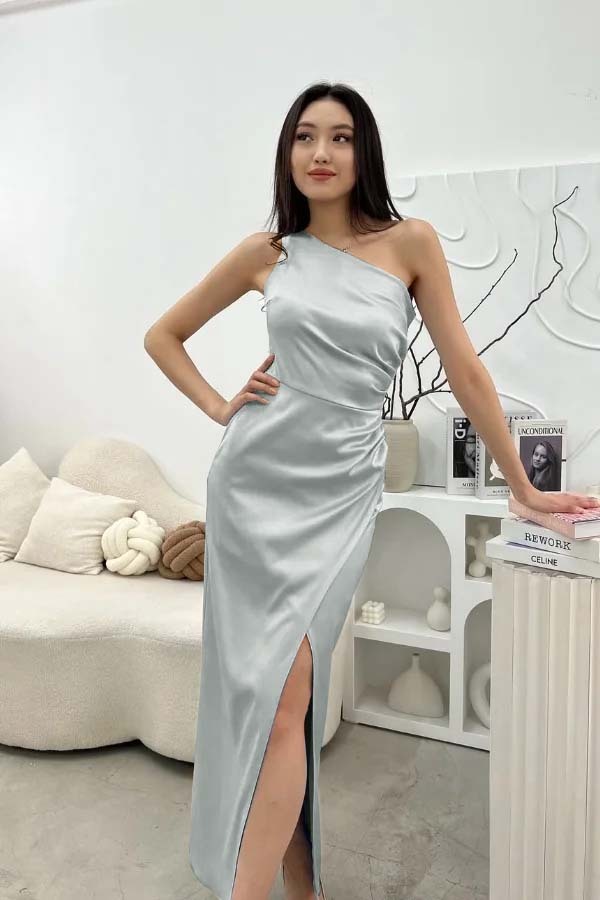 Chic Sleeveless One Shoulder Long Prom Dress With Pleated Split