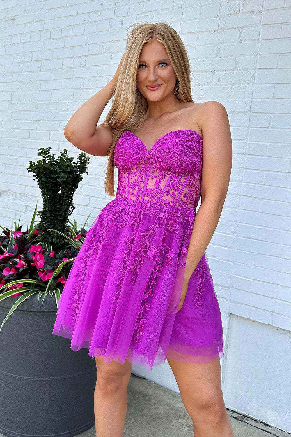 Sparkly Fuchsia Corset A-Line Tulle Short Homecoming Dress with Lace