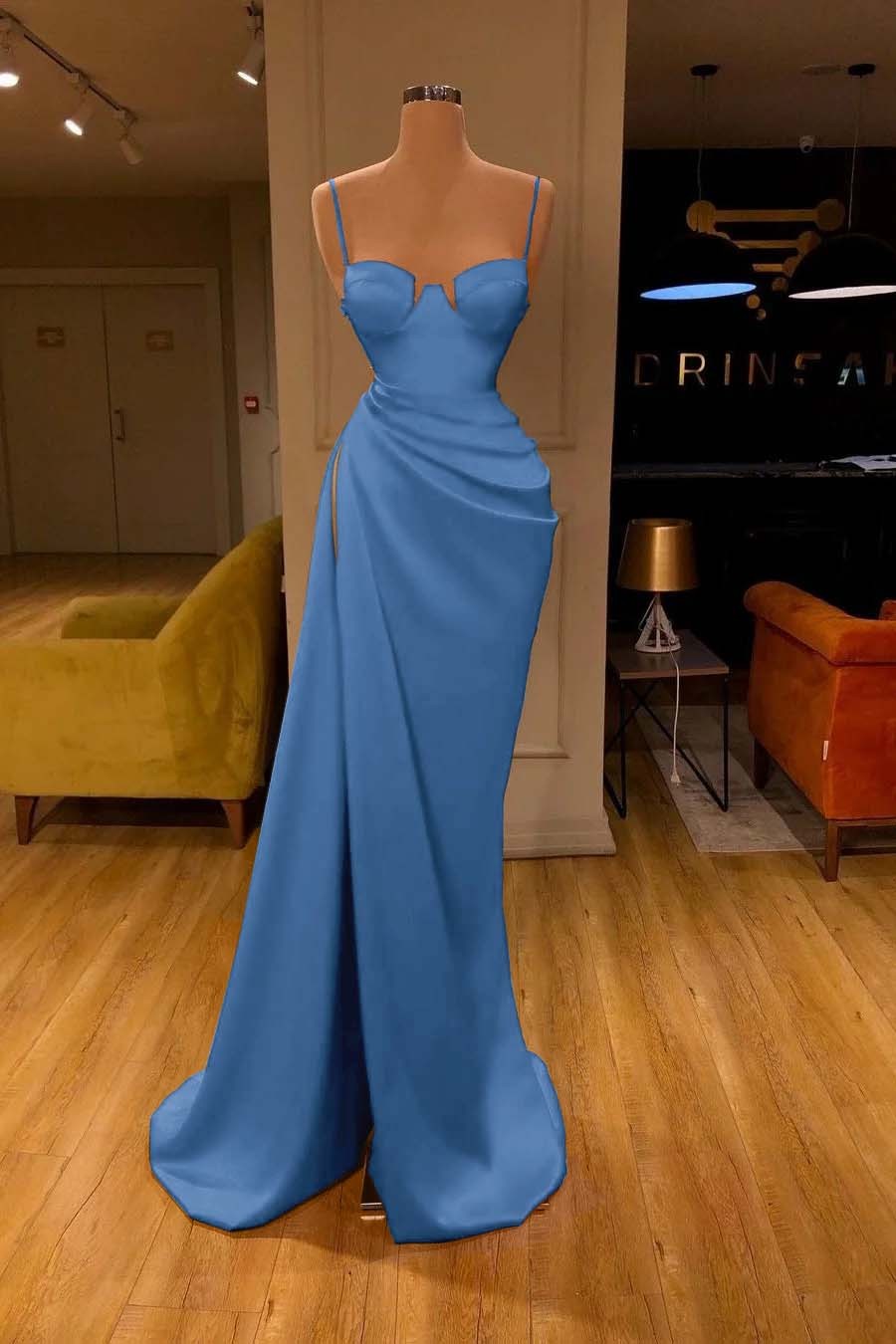 Mermaid Red Spaghetti Strap Sleeveless Pleated Prom Dress With High Split