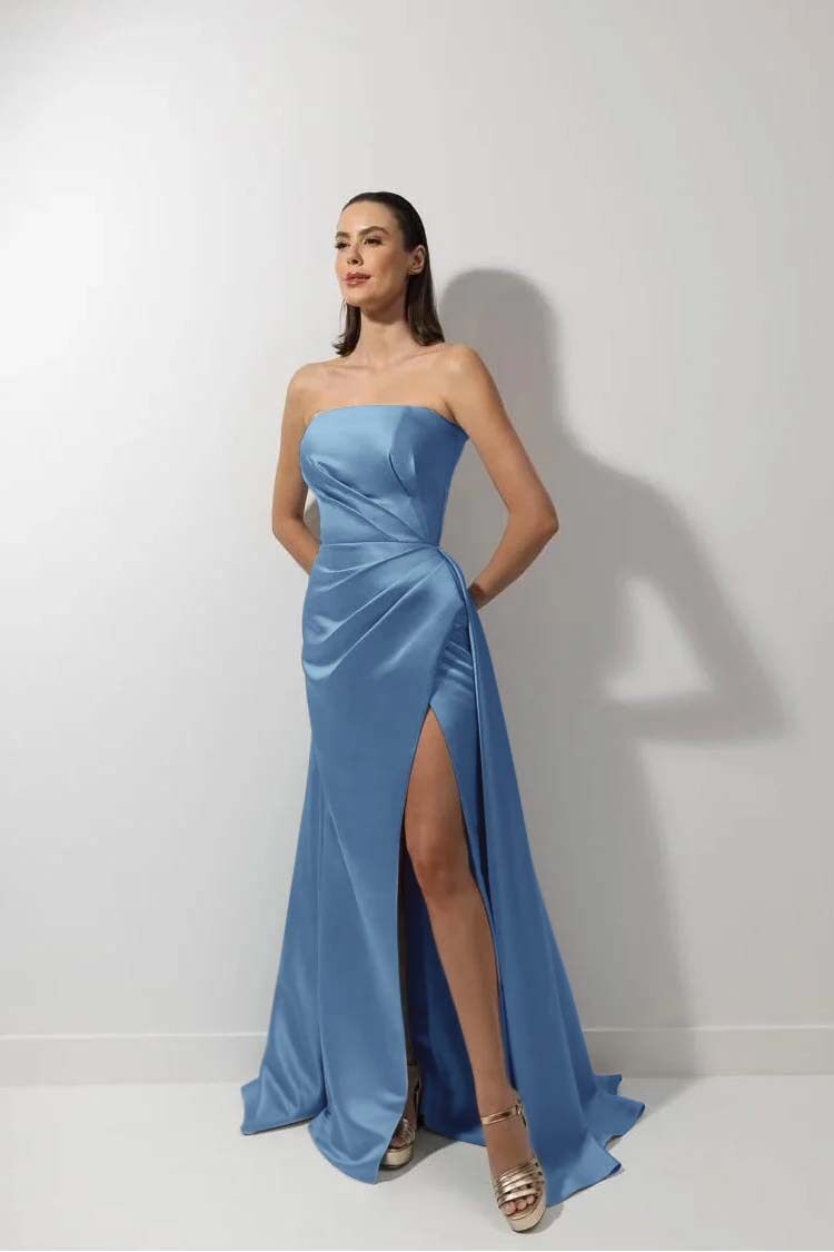Strapless Sleeveless Long Mermaid Prom Dress With High Split Ruffles