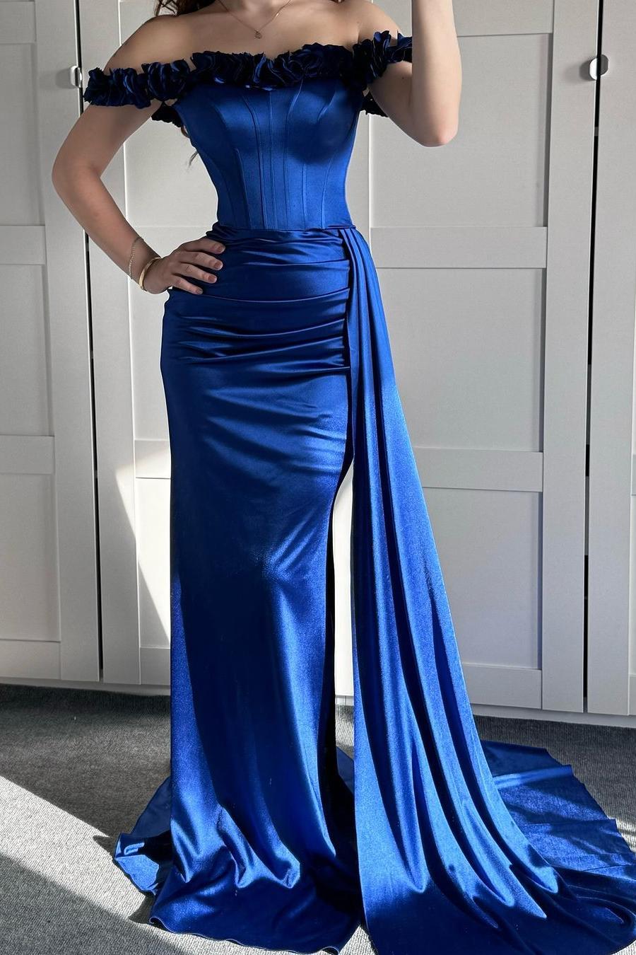 Off the Shoulder Sleeveless Mermaid Long Prom Dress With Ruffles