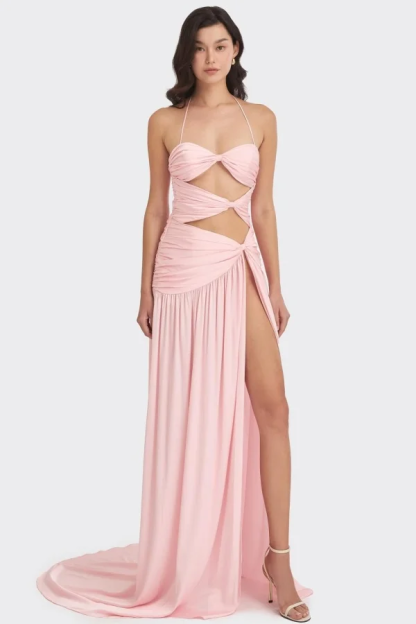 Chic Sleeveless Halter Long High Split Prom Dress With Pleated