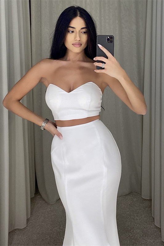 Glamorous White Two Pieces Strapless Sleeveless Long Mermaid Prom Dress