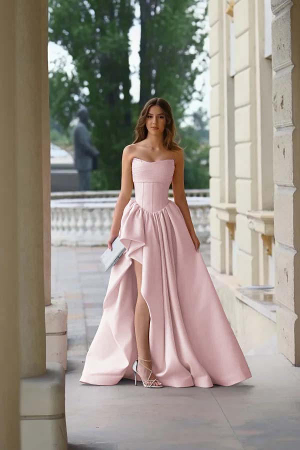 Strapless Sleeveless Side Split Long Prom Dress With Pleated