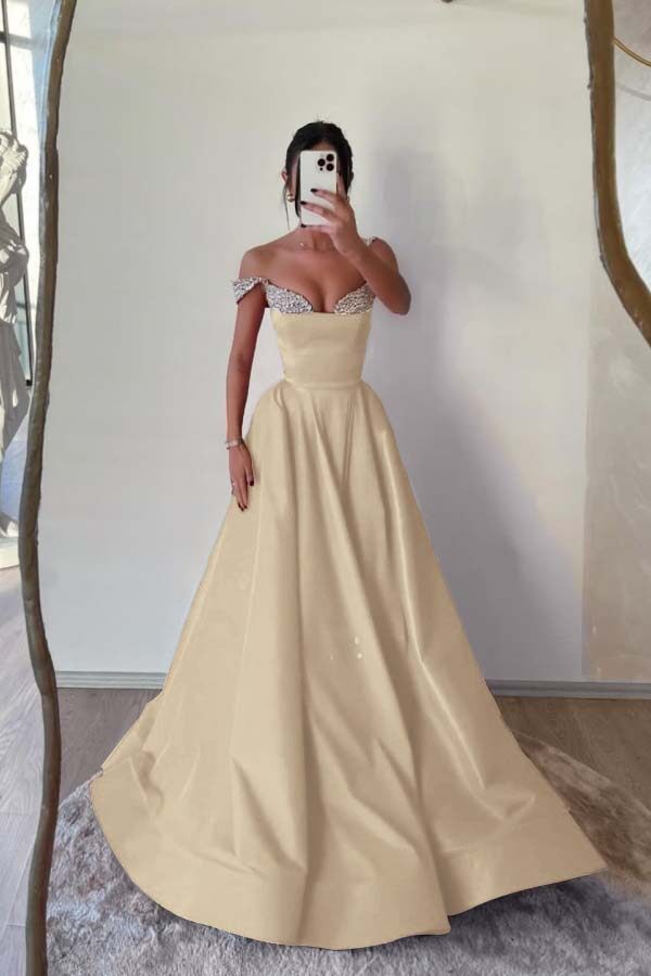 Off the Shoulder Sleeveless Long Prom Dress With Beading Pleated