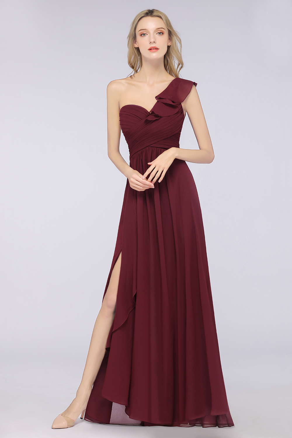 BMbridal Gorgeous Sweetheart Ruffle Burgundy Chiffon Bridesmaid Dress With One-shoulder-BMbridal
