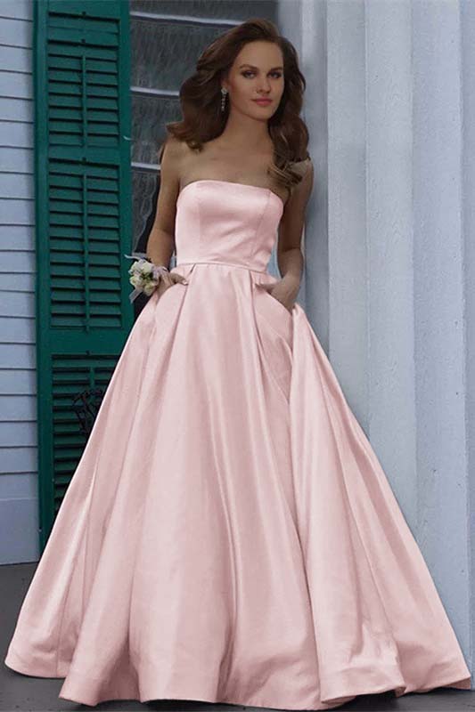 Stunning Strapless Sleeveless Burgundy A Line Long Prom Dress With Pockets