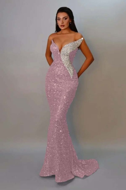 Sequins Strapless Sleeveless Long Mermaid Prom Dress With Pleated