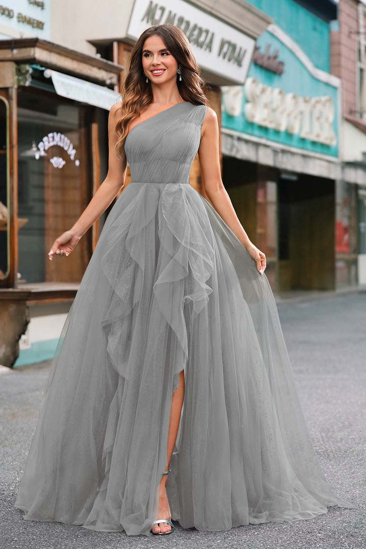 One Shoulder Sleeveless Long Split Prom Dress With Sequins Tulle