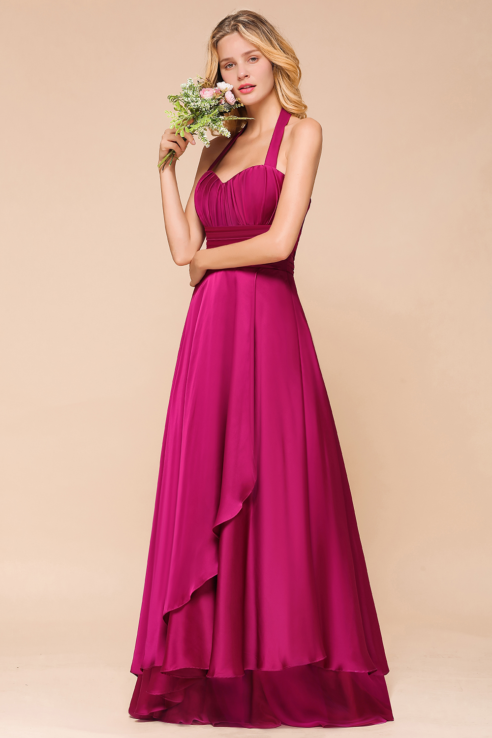 BMbridal Fuchsia Halter Chiffon Bridesmaid Dresses Long Online-BMbridal