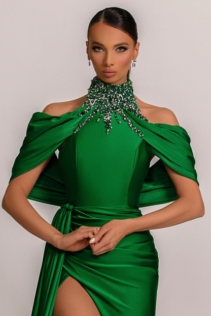 Green High Neck Pleated Mermaid Prom Dress Halter With Appliques