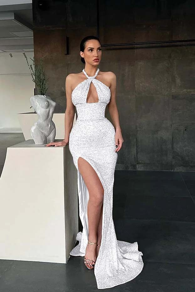 Halter Sleeveless Long Mermaid Prom Dress With Split Sequins