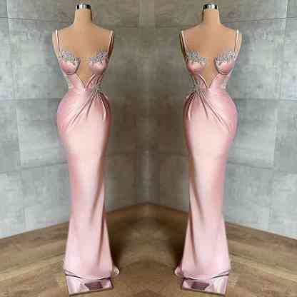 Pink Spaghetti Strap Mermaid Prom Dress Sleeveless With Appliques