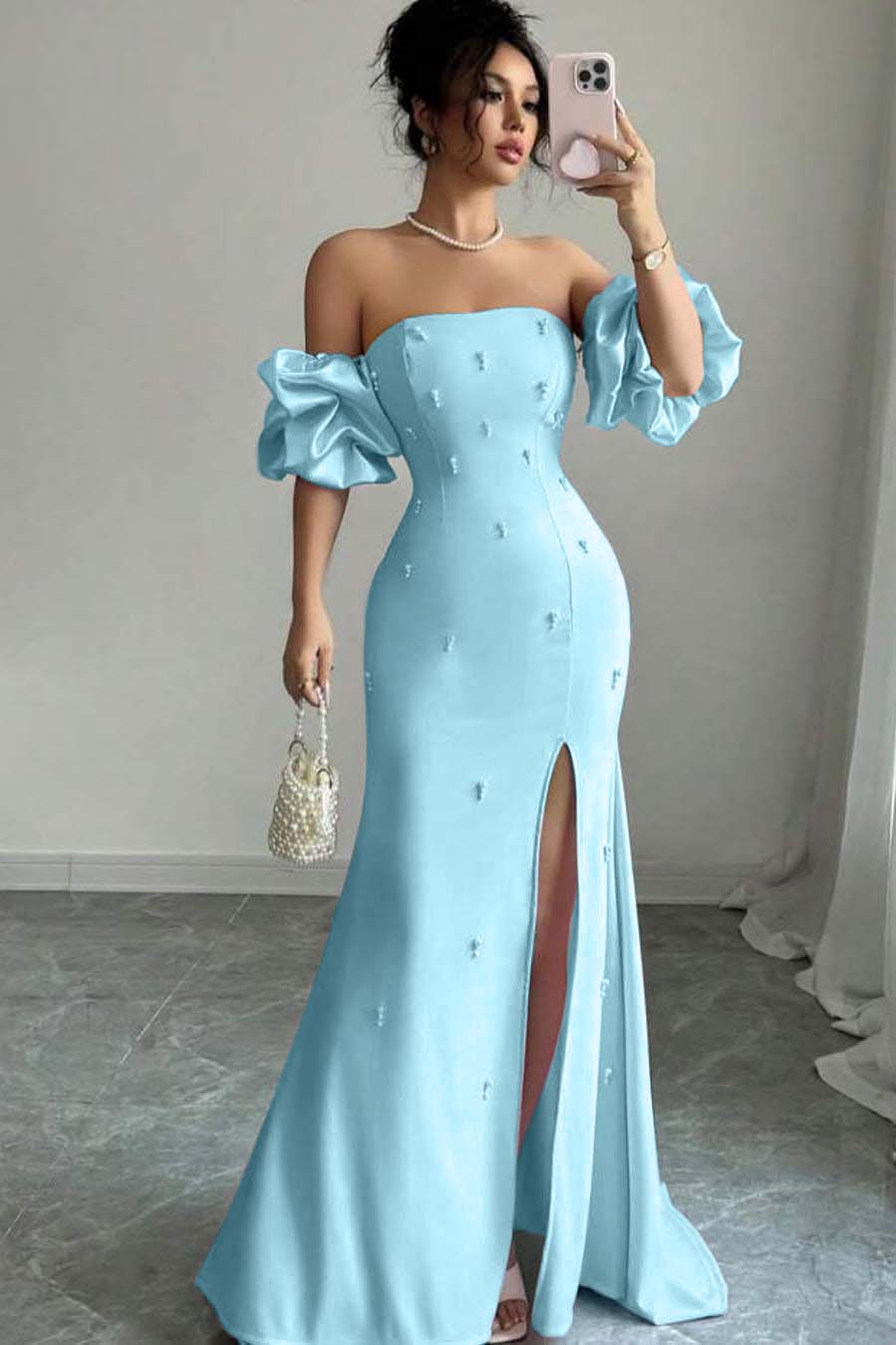 Strapless Bubble Sleeves Long Split Prom Dress With Beading