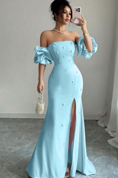 Strapless Bubble Sleeves Long Split Prom Dress With Beading