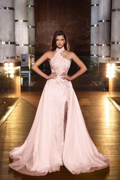 Purple Halter Mermaid Prom Dress Tulle Ruffles With Split Appliques