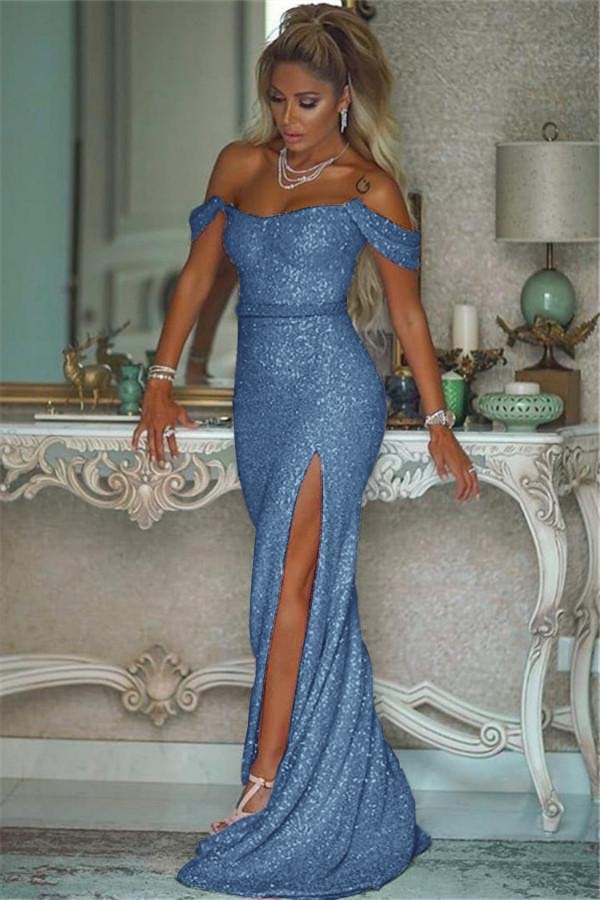 Pink Sequins Off the Shoulder Mermaid Elegant Prom Dresses With Split