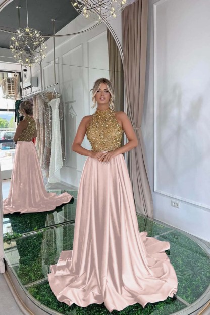 Elegant Sequins Prom Dress Gold Black Long Sleeveless Halter