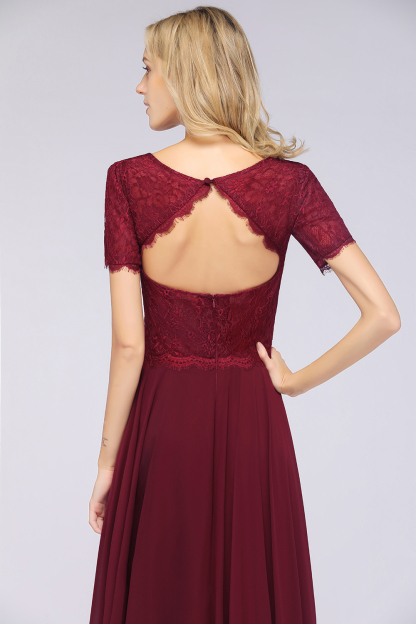 BMbridal Chic Lace Long Burgundy Backless Bridesmaid Dress With Short-Sleeves-BMbridal