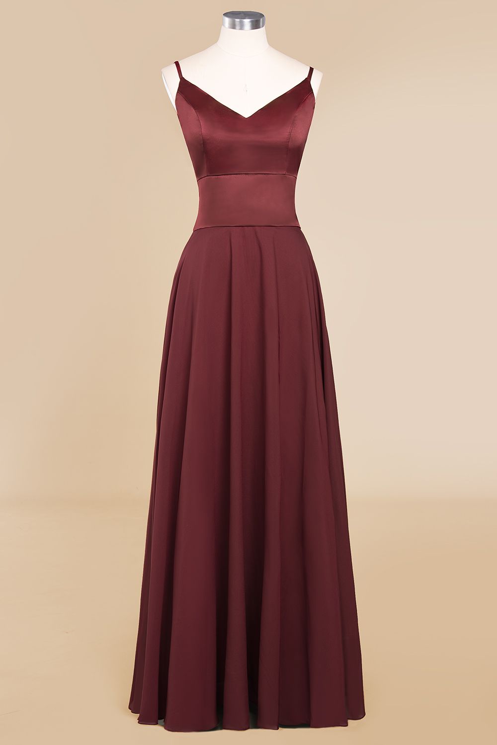 BMbridal Simple Satin Chiffon Spaghetti-Straps Burgundy Long Bridesmaid Dress-BMbridal
