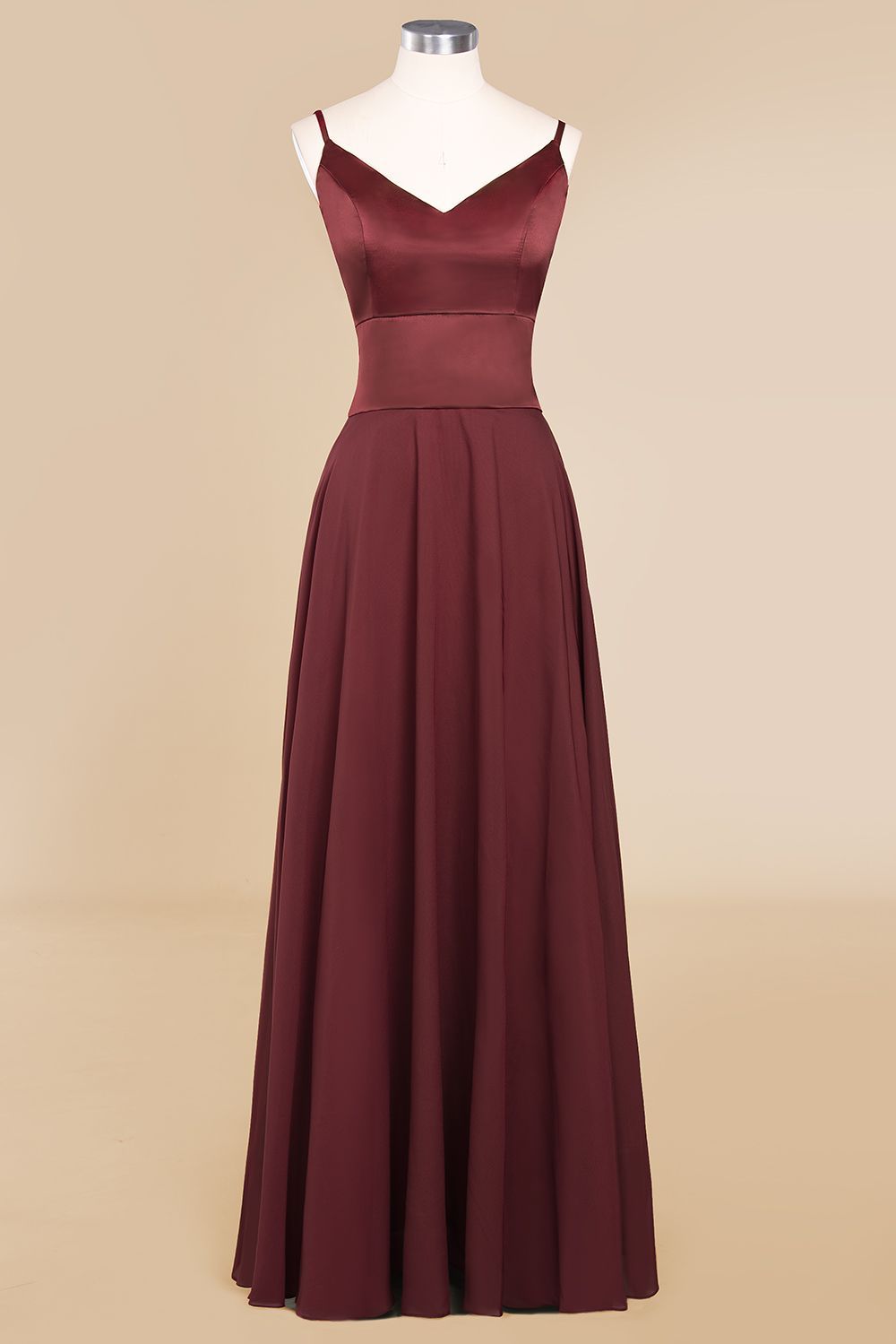 BMbridal Simple Satin Chiffon Spaghetti-Straps Burgundy Long Bridesmaid Dress-BMbridal
