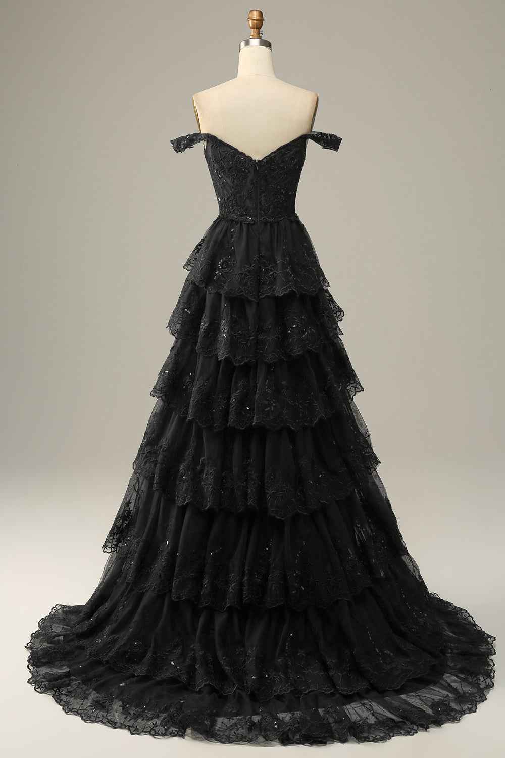 A Line Off the Shoulder Black Corset Prom Dress with Lace Ruffles