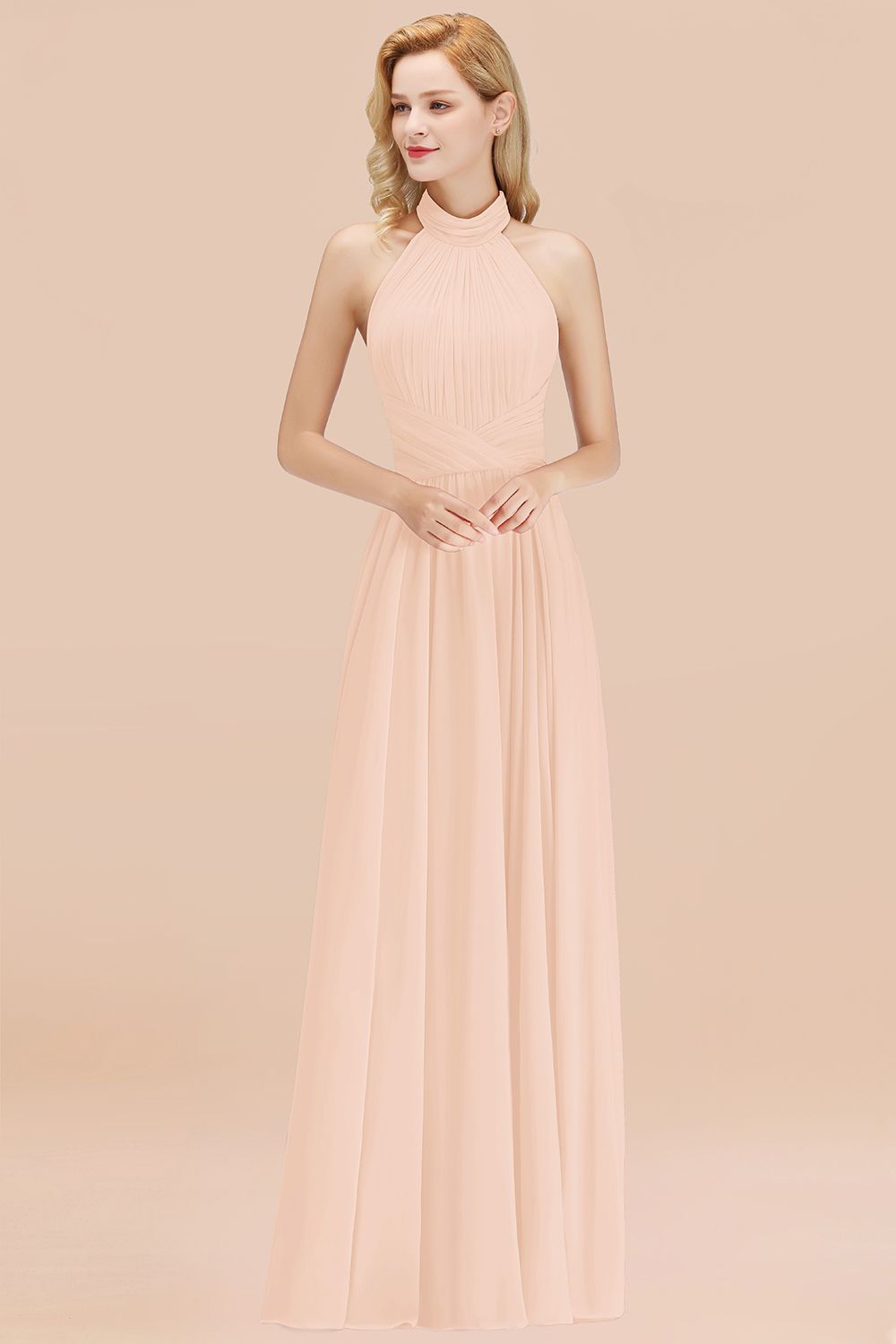 BMbridal Gorgeous High-Neck Halter Backless Bridesmaid Dress Dusty Rose Chiffon Maid of Honor Dress-BMbridal