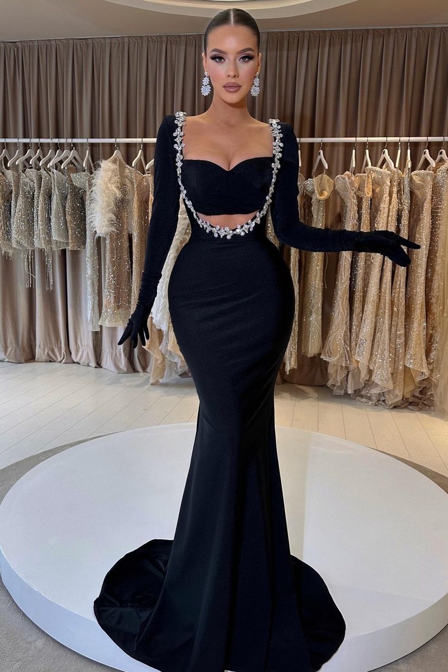 Charming Black Velvet Long Sleeve Beaded Long Mermaid Prom Dress With Gloves