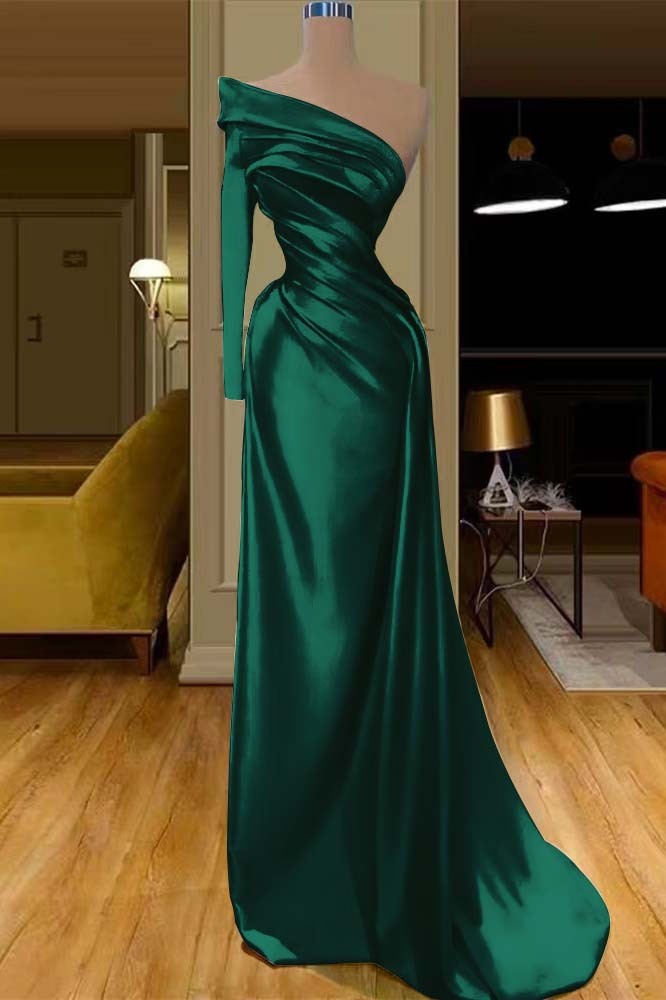 Glamorous One Shoulder Champagne Long Sleeve Prom Dress Mermaid With Pleated