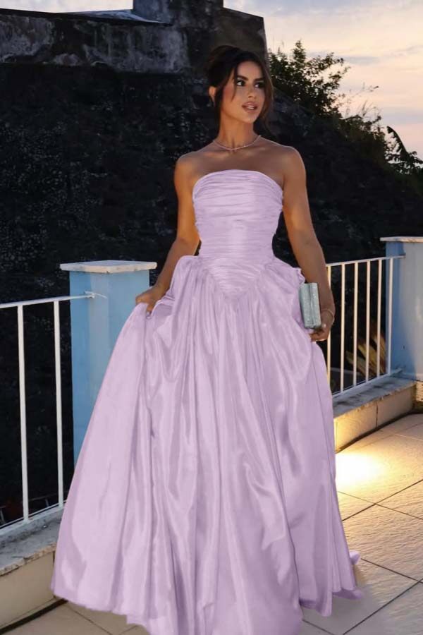 Glamorous Strapless Sleeveless Long Prom Dress With Pleated