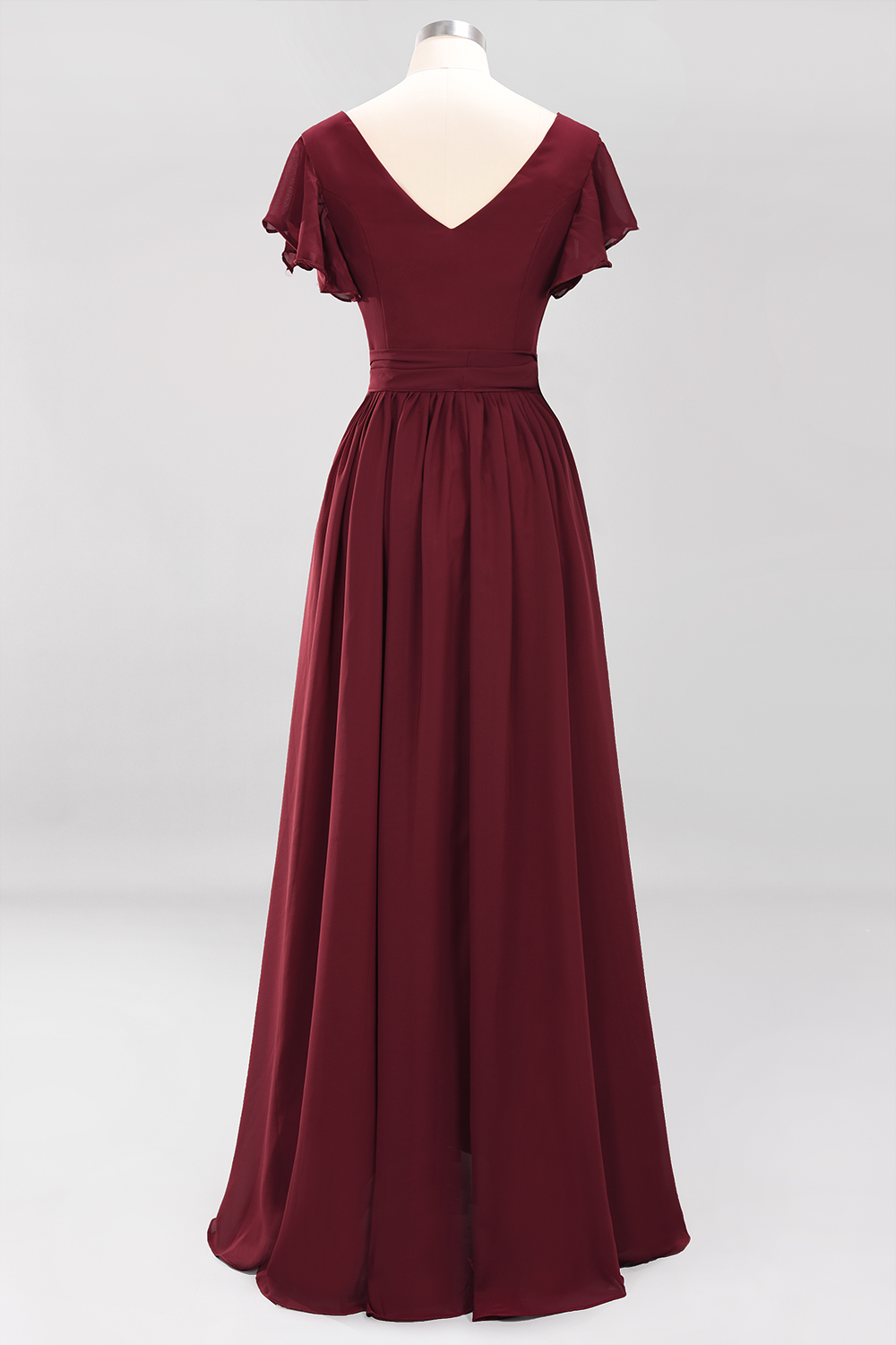 BMbridal Burgundy V-Neck Long Bridesmaid Dress With Short-Sleeves-BMbridal