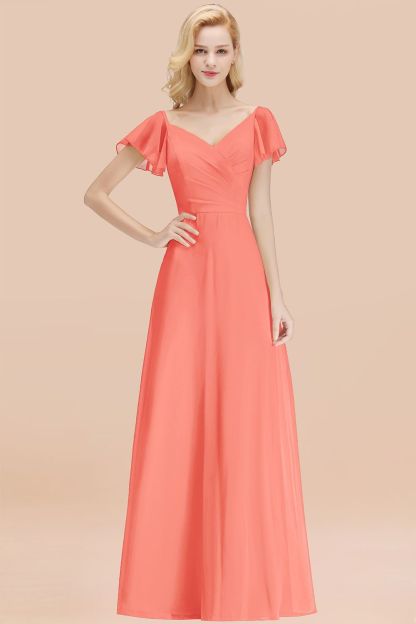 BMbridal Elegent Short-Sleeve Long Bridesmaid Dress Online Yellow Chiffon Wedding Party Dress-BMbridal