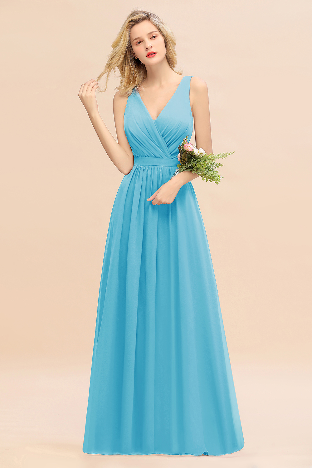 BMbridal Affordable V-Neck Ruffle Long Grape Chiffon Bridesmaid Dress with Bow-BMbridal