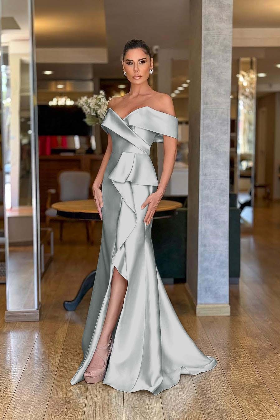 Off the Shoulder Sleeveless Long Mermaid Prom Dress With Split