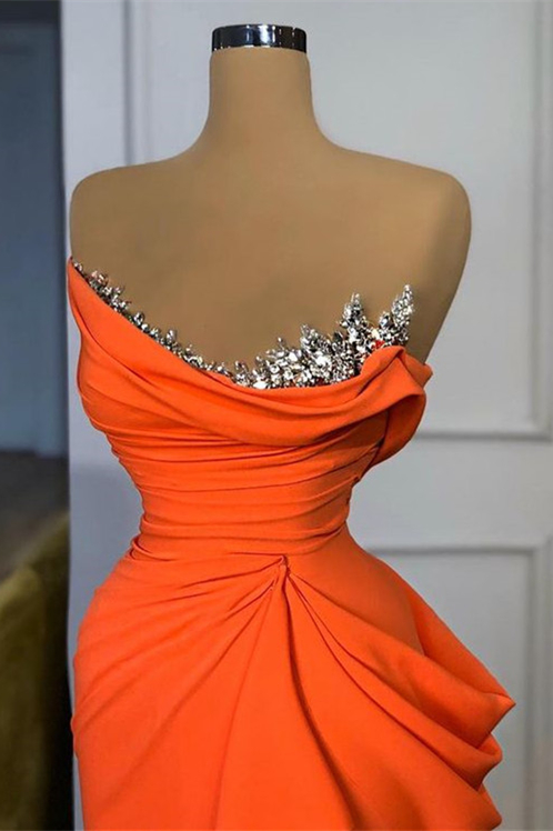Orange Sequins Mermaid Online Strapless Pleated Prom Dress With Sleeveless