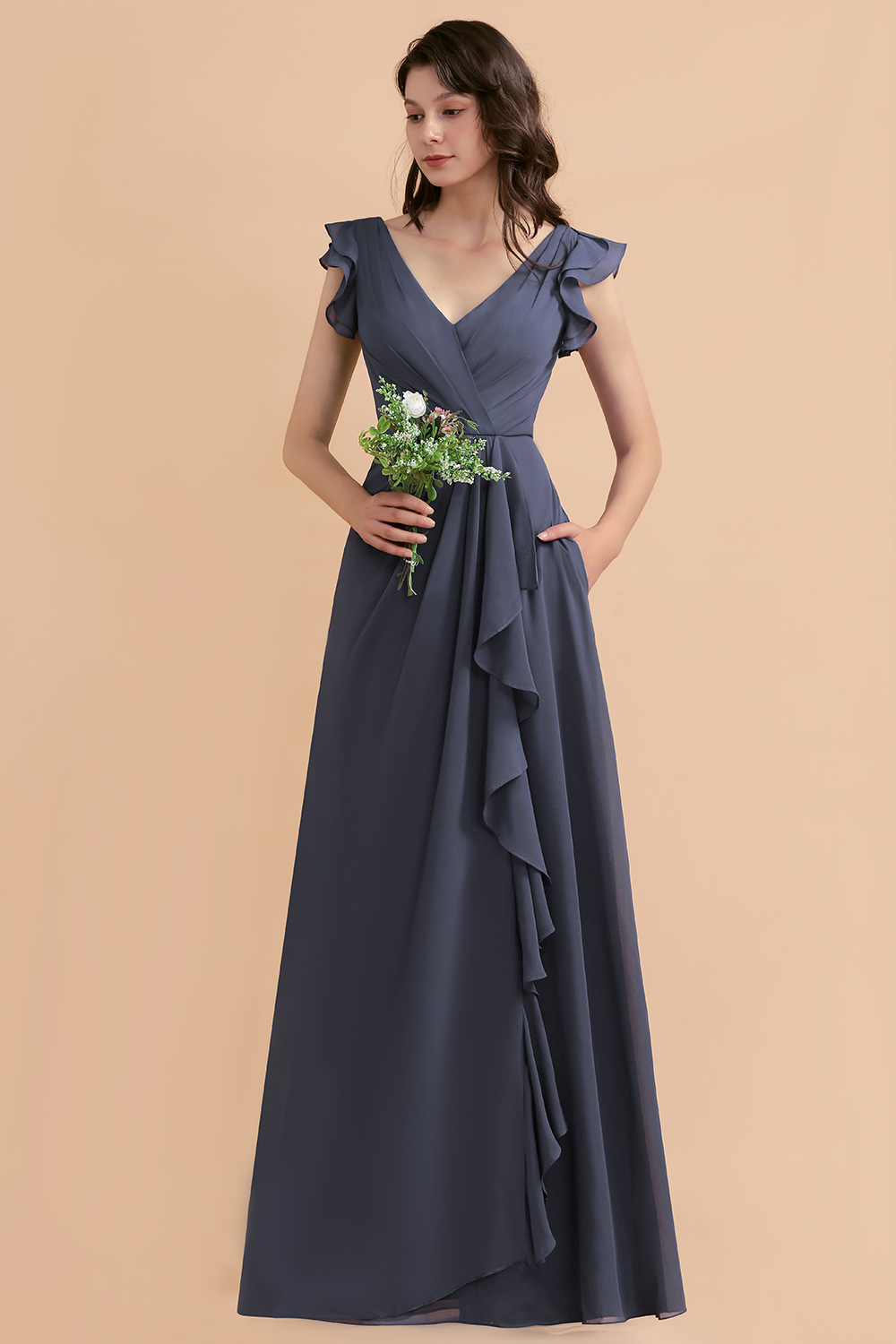 BMbridal Affordable V-Neck Chiffon Ruffles Bridesmaid Dress with Pockets On Sale-BMbridal