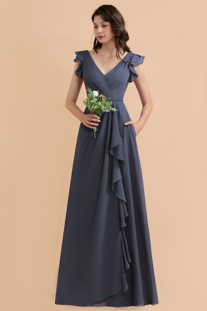 BMbridal Affordable V-Neck Chiffon Ruffles Bridesmaid Dress with Pockets On Sale-BMbridal