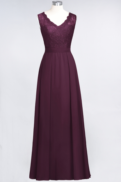 BMbridal Modest Chiffon V-Neck Burgundy Lace Bridesmaid Dresses Online-BMbridal