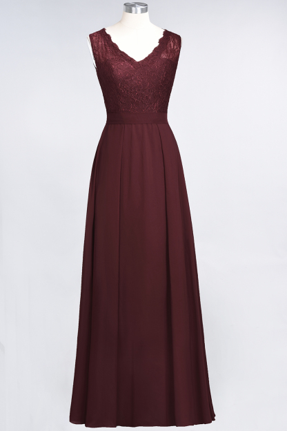 BMbridal Modest Chiffon V-Neck Burgundy Lace Bridesmaid Dresses Online-BMbridal